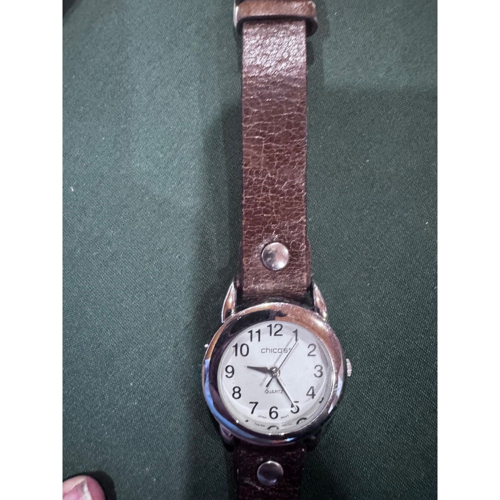 Chicos Womens Analog Watch Silver Tone Case Brown Genuine Leather Band Quartz